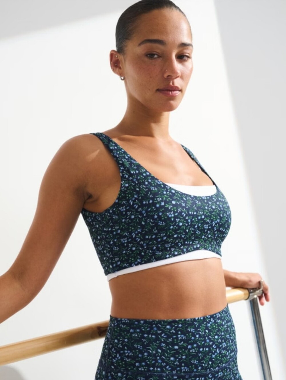 Abercrombie & Fitch YPB Curve Love Navy Floral Scoop Sports Bra with White Trim